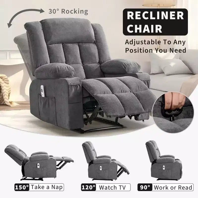 Fauteuil inclinable de massage avec vibrations et chaleur lombaire pour adultes, large, ergonomique, siège simple avec 3 positions, 2 poches latérales et porte-gobelets
