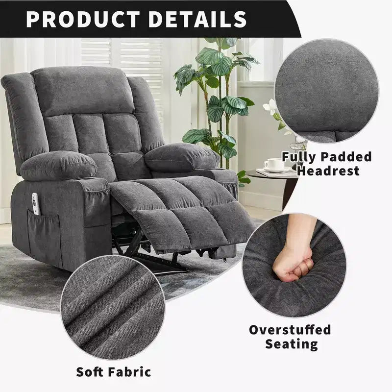 Fauteuil inclinable de massage avec vibrations et chaleur lombaire pour adultes, large, ergonomique, siège simple avec 3 positions, 2 poches latérales et porte-gobelets
