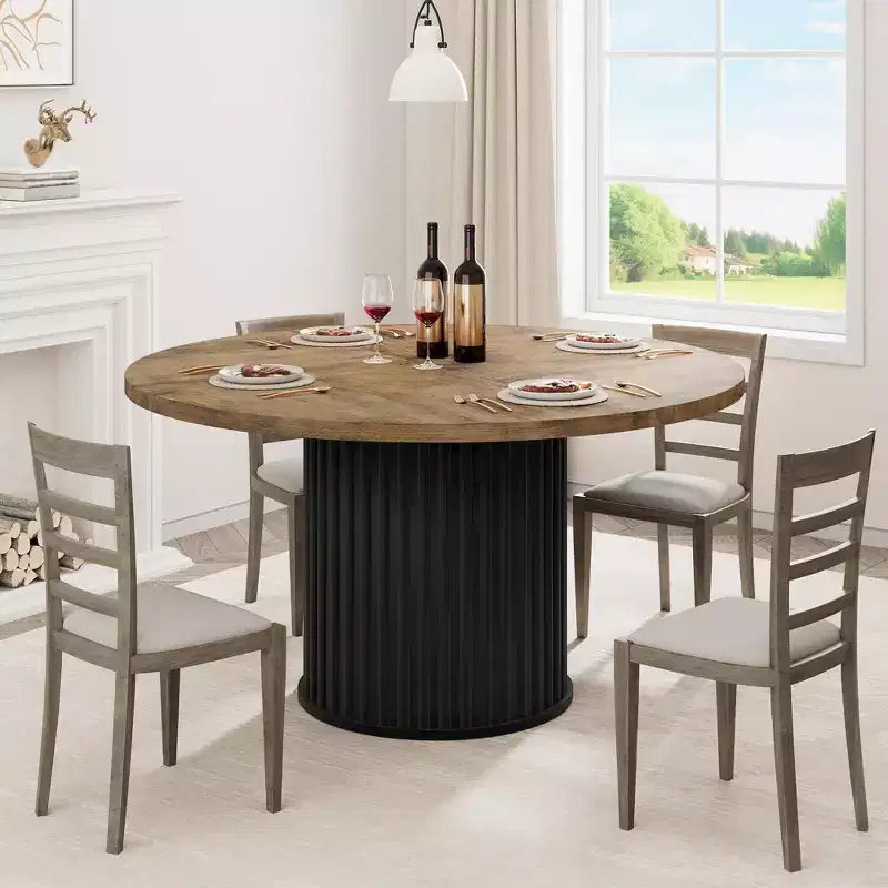 Table de salle à manger ronde de 47 pouces pour 4 à 6 personnes, avec pied piédestal en métal ondulé, table de cuisine circulaire de style ferme pour salle à manger, cuisine
