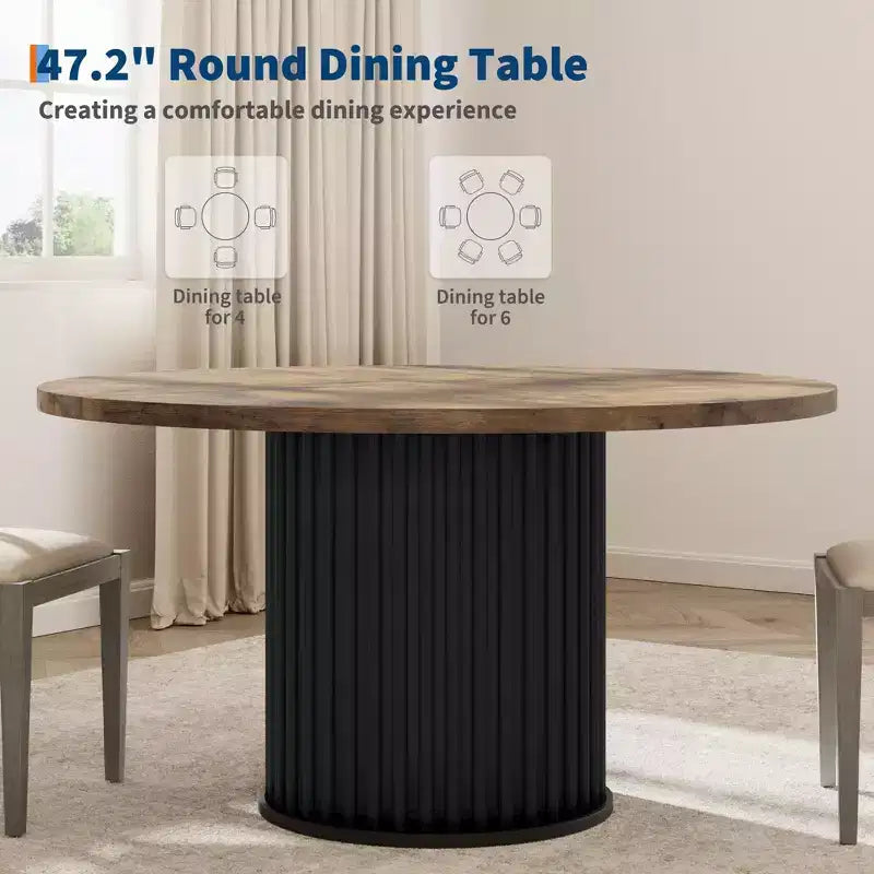 Table de salle à manger ronde de 47 pouces pour 4 à 6 personnes, avec pied piédestal en métal ondulé, table de cuisine circulaire de style ferme pour salle à manger, cuisine