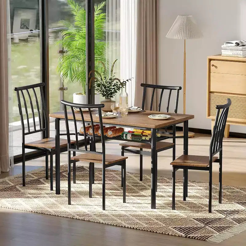 Ensemble de table à manger rustique en bois pour 4 personnes, table de cuisine et de salle à manger de style ferme de 4 pièces avec chaises, plateau de 3 cm d'épaisseur, pieds réglables