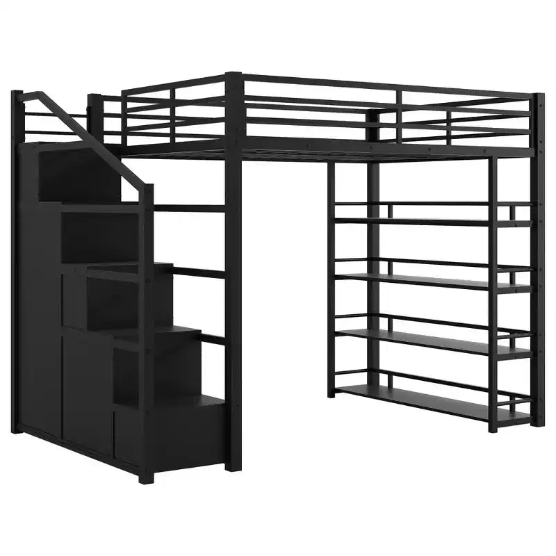 Lit mezzanine en métal Martinez de GDF Studio avec étagères de rangement, armoires et penderie