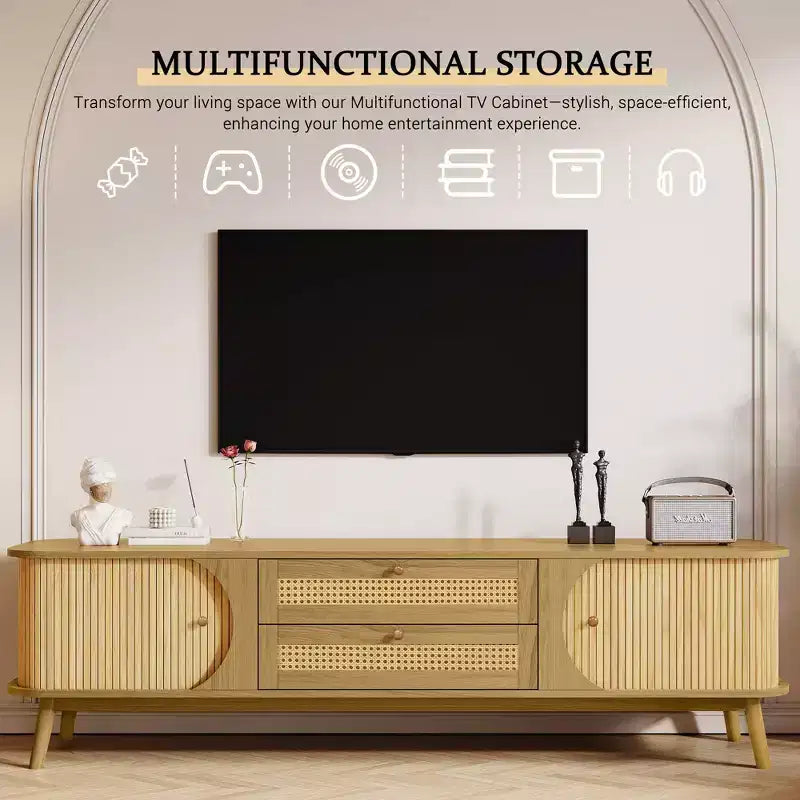 Meuble TV en rotin naturel de 170 cm pour téléviseurs jusqu'à 75 pouces, console média avec pieds en bois massif pour salon et home cinéma
