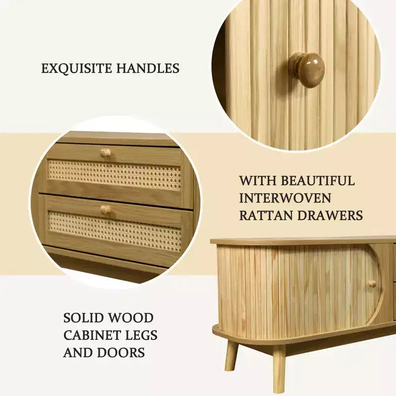 Meuble TV en rotin naturel de 170 cm pour téléviseurs jusqu'à 75 pouces, console média avec pieds en bois massif pour salon et home cinéma
