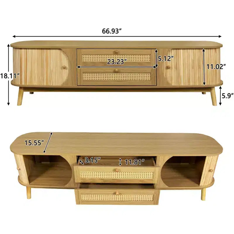 Meuble TV en rotin naturel de 170 cm pour téléviseurs jusqu'à 75 pouces, console média avec pieds en bois massif pour salon et home cinéma
