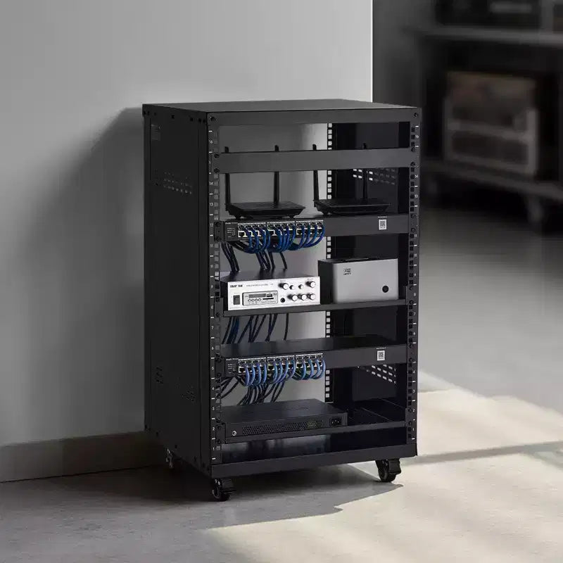 Rack AV VEVOR 16U, Capacité max. 90 kg, Rack de studio d'enregistrement à domicile avec roulettes verrouillables, Armoire de serveur à cadre ouvert, Conception spéciale d'aération, Noir