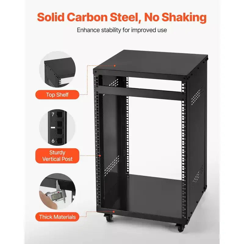 Rack AV VEVOR 16U, Capacité max. 90 kg, Rack de studio d'enregistrement à domicile avec roulettes verrouillables, Armoire de serveur à cadre ouvert, Conception spéciale d'aération, Noir