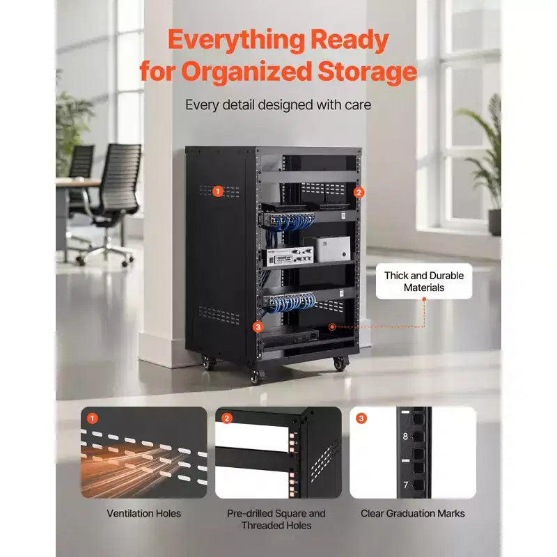 Rack AV VEVOR 16U, Capacité max. 90 kg, Rack de studio d'enregistrement à domicile avec roulettes verrouillables, Armoire de serveur à cadre ouvert, Conception spéciale d'aération, Noir