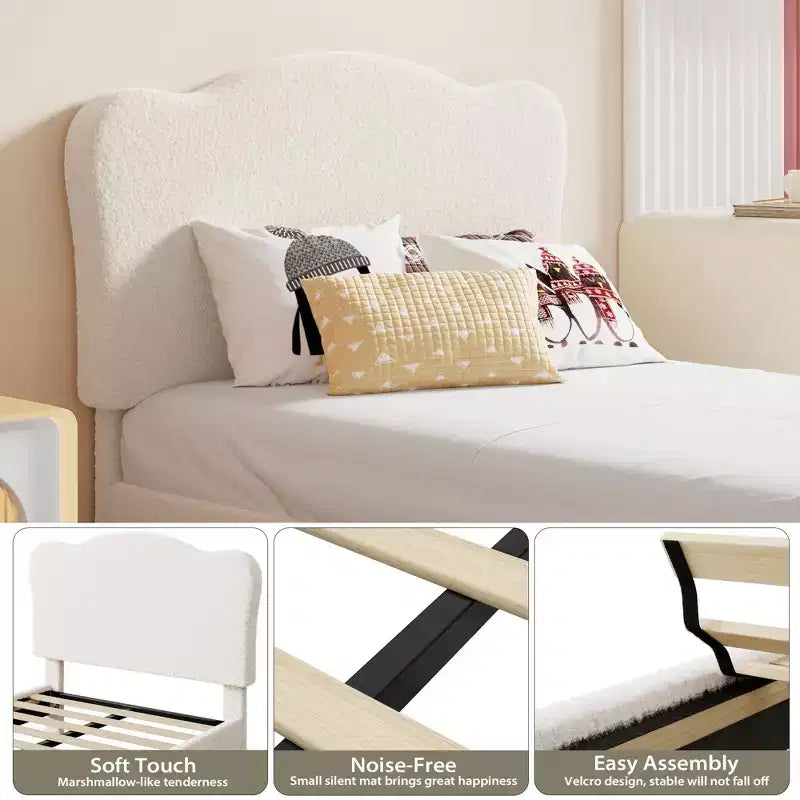 Cadre de lit double pour enfants avec tête de lit mignonne, lit plateforme rembourré en velours pour filles et garçons, pas besoin de sommier tapissier avec lattes en bois