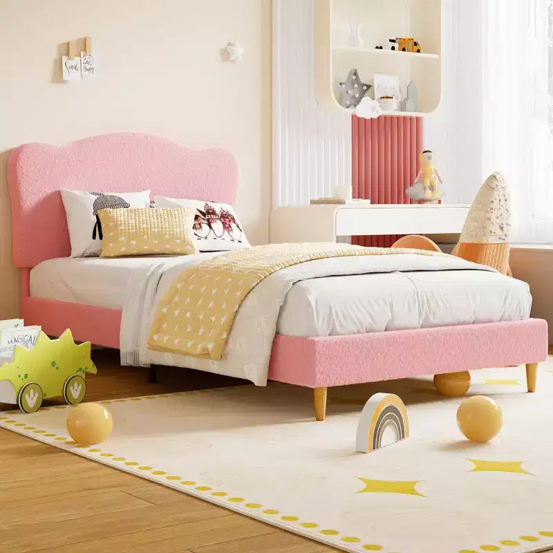 Cadre de lit double pour enfants avec tête de lit mignonne, lit plateforme rembourré en velours pour filles et garçons, pas besoin de sommier tapissier avec lattes en bois