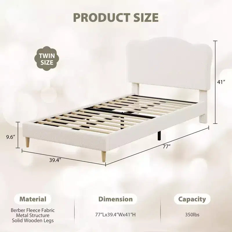 Cadre de lit double pour enfants avec tête de lit mignonne, lit plateforme rembourré en velours pour filles et garçons, pas besoin de sommier tapissier avec lattes en bois