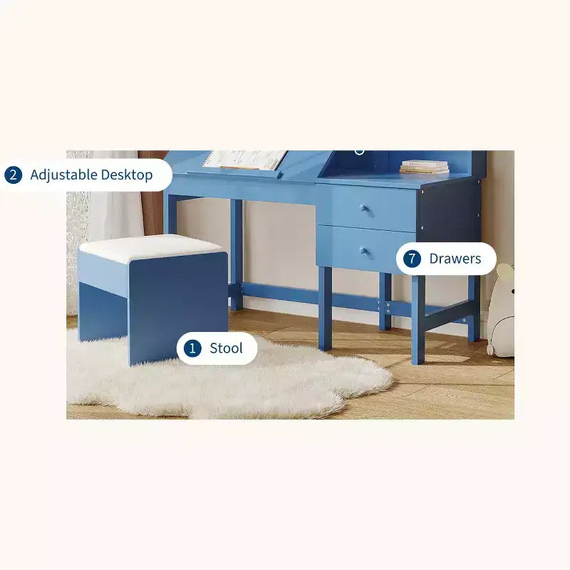 Ensemble bureau et chaise pour enfants, table d'étude en bois avec plateau inclinable réglable, tiroirs et tableau en liège - Ensemble bureau d'apprentissage scolaire pour enfants de 3 à 8 ans