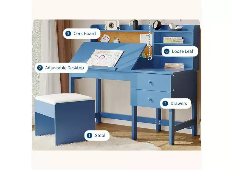 Ensemble bureau et chaise pour enfants, table d'étude en bois avec plateau inclinable réglable, tiroirs et tableau en liège - Ensemble bureau d'apprentissage scolaire pour enfants de 3 à 8 ans