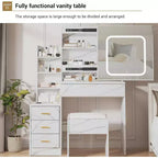 Coiffeuse avec miroir coulissant LED, 4 tiroirs, étagères de rangement, prise de courant et tabouret – Table de maquillage pour chambre à coucher, 3 lumières de couleur