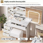 Coiffeuse avec miroir coulissant LED, 4 tiroirs, étagères de rangement, prise de courant et tabouret – Table de maquillage pour chambre à coucher, 3 lumières de couleur