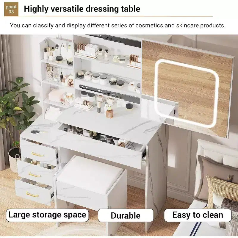 Coiffeuse avec miroir coulissant LED, 4 tiroirs, étagères de rangement, prise de courant et tabouret – Table de maquillage pour chambre à coucher, 3 lumières de couleur