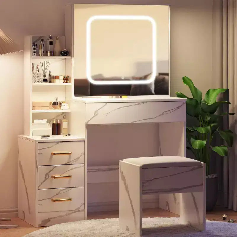 Coiffeuse avec miroir coulissant LED, 4 tiroirs, étagères de rangement, prise de courant et tabouret – Table de maquillage pour chambre à coucher, 3 lumières de couleur