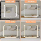 Coiffeuse avec miroir coulissant LED, 4 tiroirs, étagères de rangement, prise de courant et tabouret – Table de maquillage pour chambre à coucher, 3 lumières de couleur