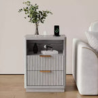 Fluted Nightstand with Charging Station, Mid Century Modern Fluted Nightstand, 2 Drawers Wooden Night Stand, Modern End Table with Curved Corners