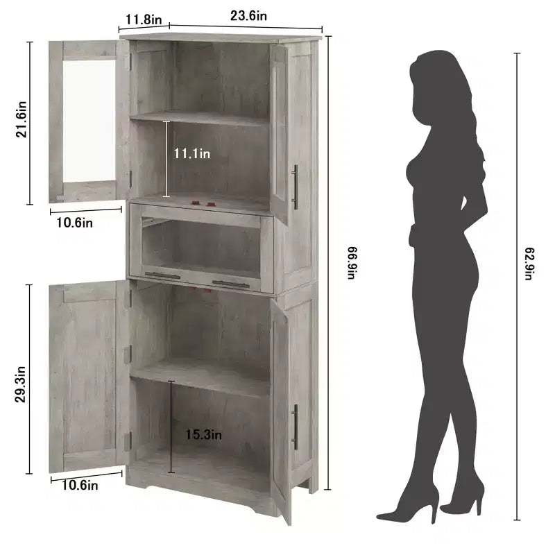 Meuble de salle de bain haut, armoire de rangement de 67 po avec portes vitrées et étagère réglable, armoire autoportante pour petits espaces, buanderie, salon