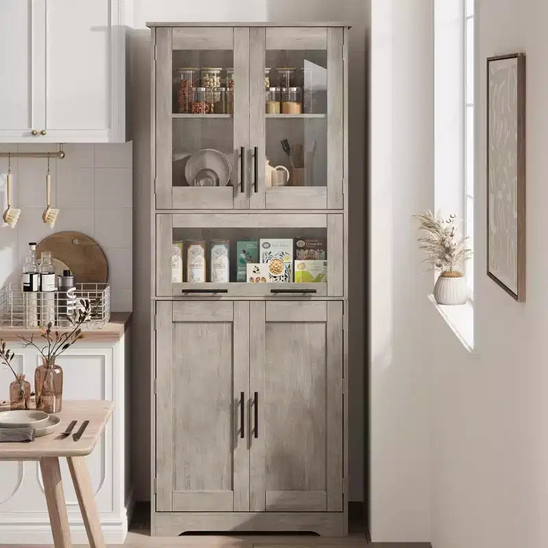 Meuble de salle de bain haut, armoire de rangement de 67 po avec portes vitrées et étagère réglable, armoire autoportante pour petits espaces, buanderie, salon