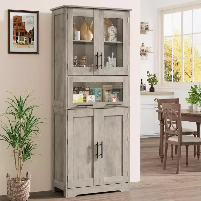 Meuble de salle de bain haut, armoire de rangement de 67 po avec portes vitrées et étagère réglable, armoire autoportante pour petits espaces, buanderie, salon