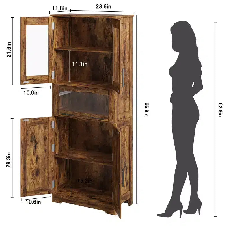Meuble de salle de bain haut, armoire de rangement de 67 po avec portes vitrées et étagère réglable, armoire autoportante pour petits espaces, buanderie, salon