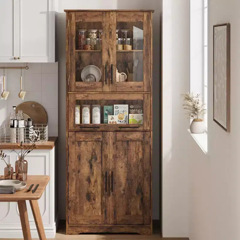 Meuble de salle de bain haut, armoire de rangement de 67 po avec portes vitrées et étagère réglable, armoire autoportante pour petits espaces, buanderie, salon