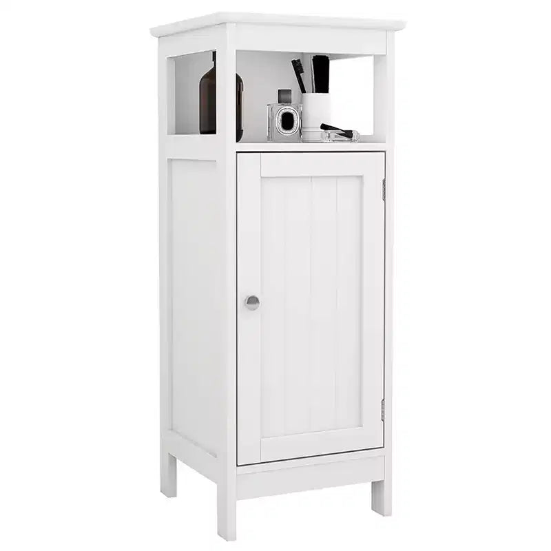 Meuble de rangement multifonctionnel en bois à porte simple pour salle de bain avec étagère réglable et étagère ouverte pour salle de bain, cuisine, salon, blanc