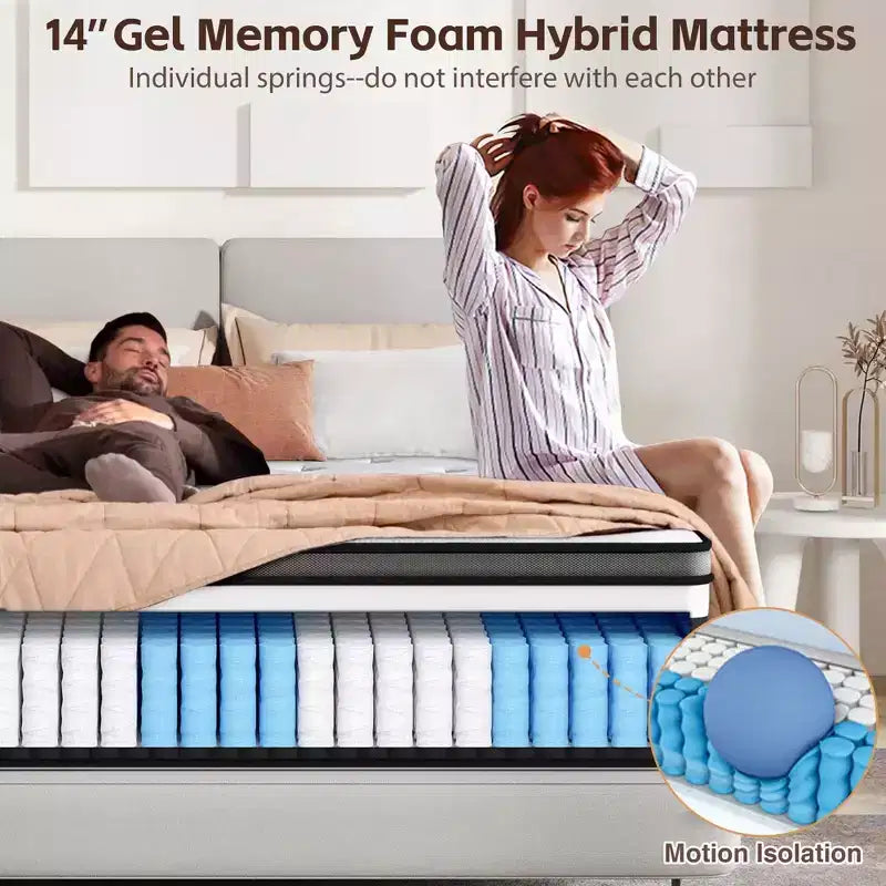Matelas Queen 14 pouces en boîte, mousse à mémoire de forme gel rafraîchissante avec ressorts ensachés, fermeté moyenne, soulagement de la pression, isolation des mouvements, certifié CertiPUR-US