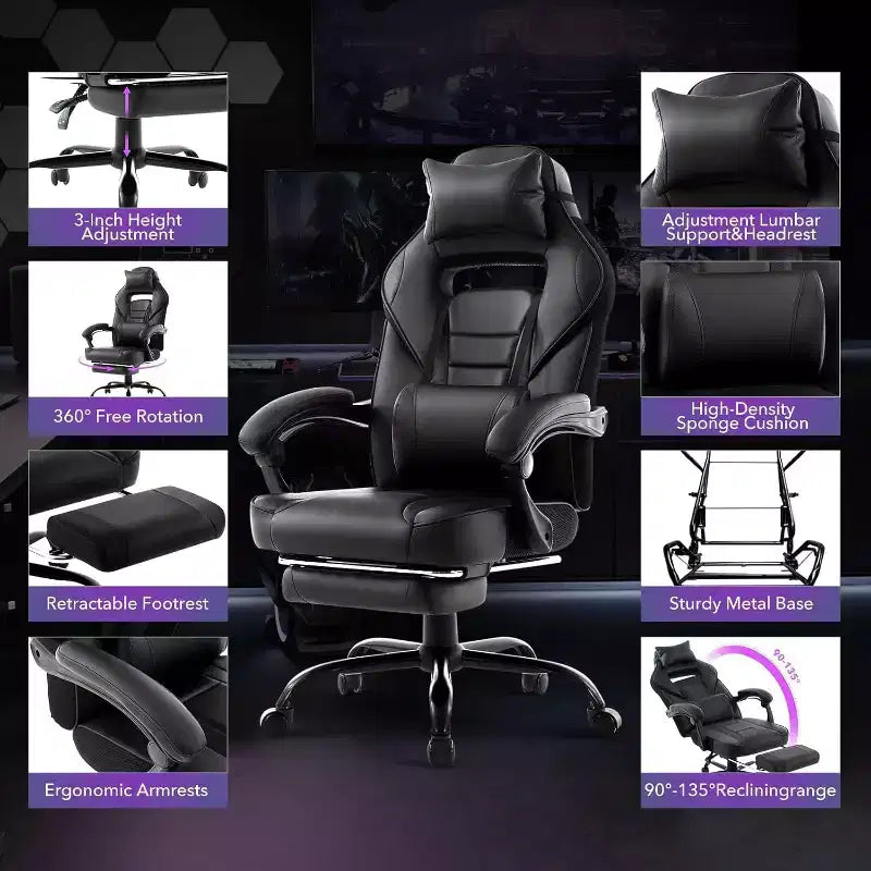 Chaise de jeu ergonomique Acekool pour adultes, cuir PU, massage lombaire, repose-pieds, réglable, pour bureau ou jeu