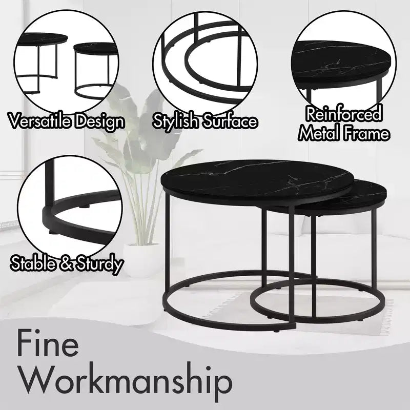Ensemble de 2 tables basses gigognes, plateau en bois motif marbre avec cadre en métal robuste, table d'appoint ronde de 70 cm pour salon, chambre, balcon, jardin