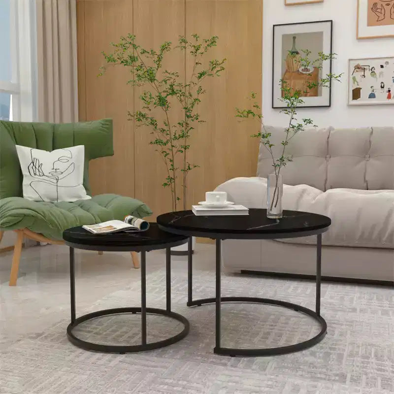 Nesting Coffee Table Set of 2, Wood Marble Pattern Top with Sturdy Metal Frame, 27.6in Round Side Table for Living Room Bedroom Balcony Yard
