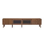 JVNOXKMeuble TV d'appoint moderne et minimaliste de 76 pouces en grain de bois avec portes vitrées, adapté aux téléviseurs jusqu'à 85 pouces, avec fonctionnalité de rangement