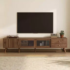 JVNOXKMeuble TV d'appoint moderne et minimaliste de 76 pouces en grain de bois avec portes vitrées, adapté aux téléviseurs jusqu'à 85 pouces, avec fonctionnalité de rangement