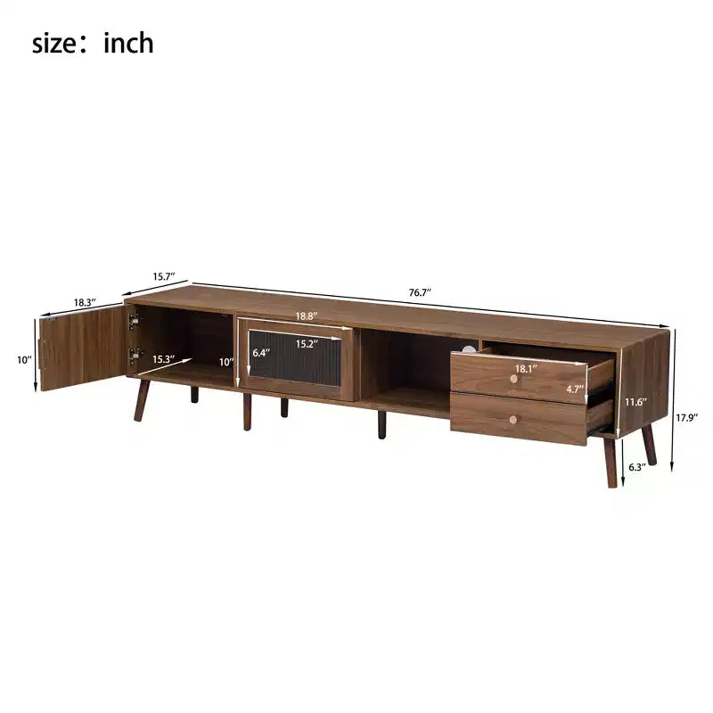 JVNOXKMeuble TV d'appoint moderne et minimaliste de 76 pouces en grain de bois avec portes vitrées, adapté aux téléviseurs jusqu'à 85 pouces, avec fonctionnalité de rangement