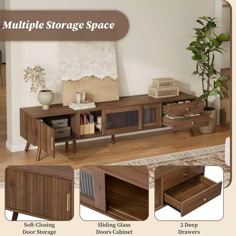 JVNOXKMeuble TV d'appoint moderne et minimaliste de 76 pouces en grain de bois avec portes vitrées, adapté aux téléviseurs jusqu'à 85 pouces, avec fonctionnalité de rangement