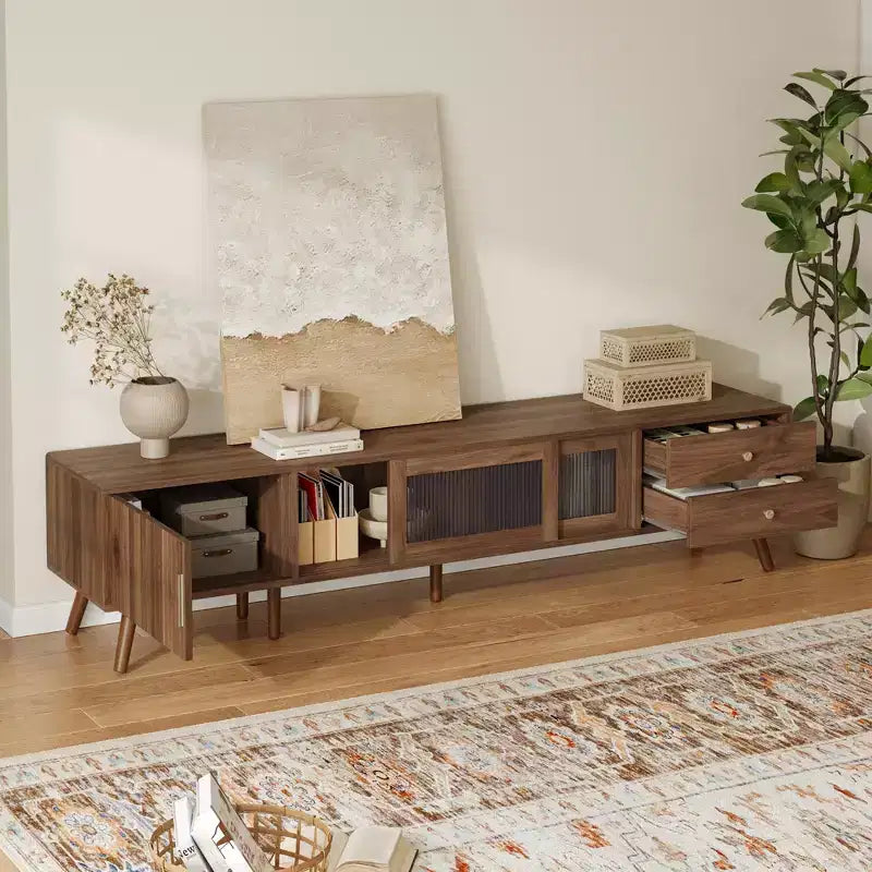 JVNOXKMeuble TV d'appoint moderne et minimaliste de 76 pouces en grain de bois avec portes vitrées, adapté aux téléviseurs jusqu'à 85 pouces, avec fonctionnalité de rangement