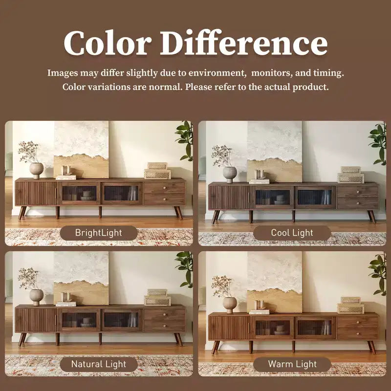 JVNOXKMeuble TV d'appoint moderne et minimaliste de 76 pouces en grain de bois avec portes vitrées, adapté aux téléviseurs jusqu'à 85 pouces, avec fonctionnalité de rangement