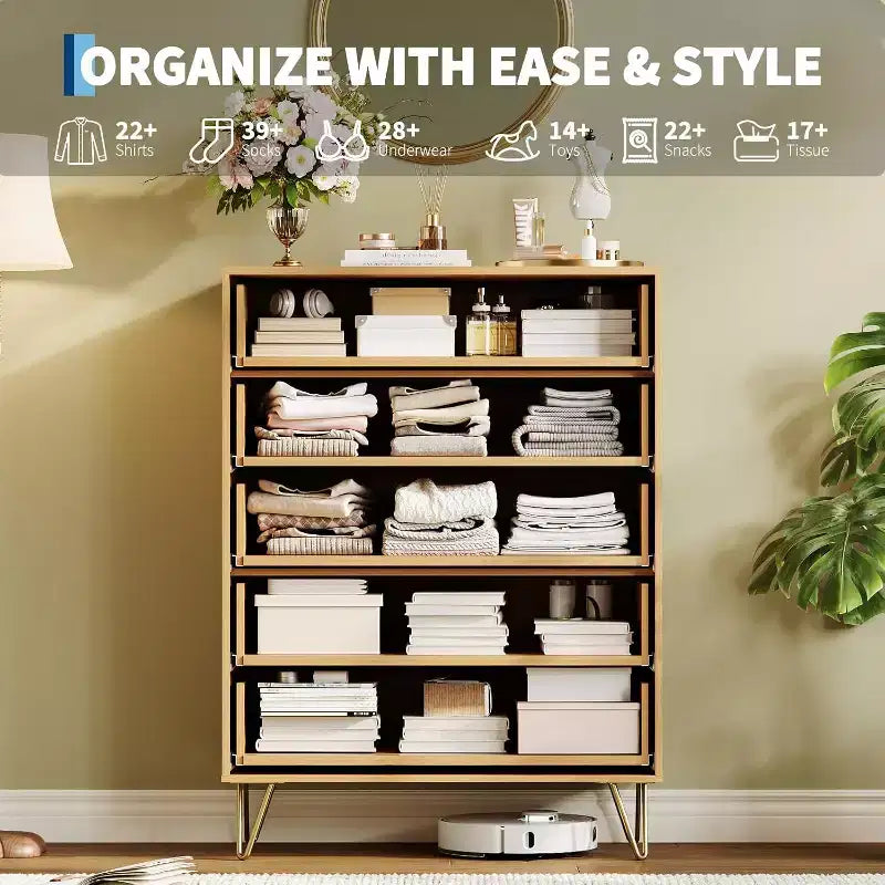 Commode cannelée pour chambre à coucher avec 5 tiroirs, commode de chambre moderne de 81 cm de large en bois avec poignée en métal, organisateur de rangement pour vêtements, meuble TV