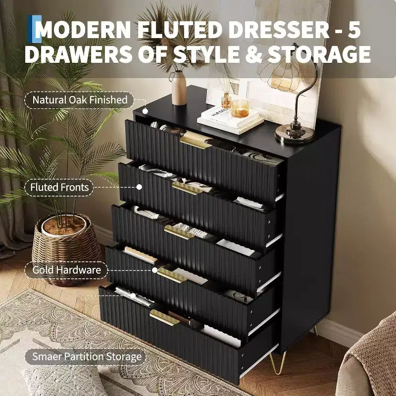Commode cannelée pour chambre à coucher avec 5 tiroirs, commode de chambre moderne de 81 cm de large en bois avec poignée en métal, organisateur de rangement pour vêtements, meuble TV