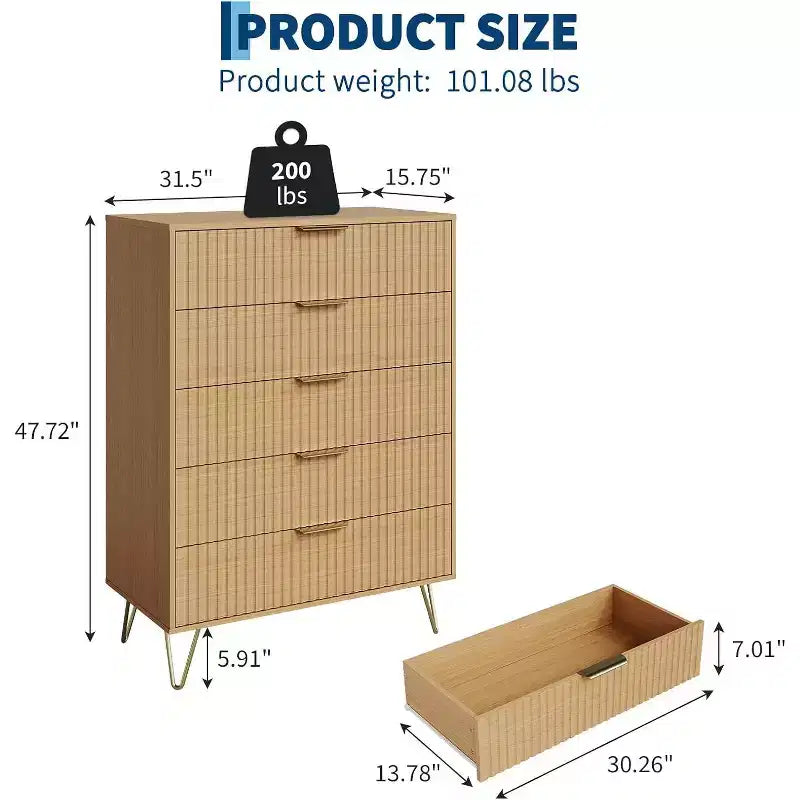 Commode cannelée pour chambre à coucher avec 5 tiroirs, commode de chambre moderne de 81 cm de large en bois avec poignée en métal, organisateur de rangement pour vêtements, meuble TV