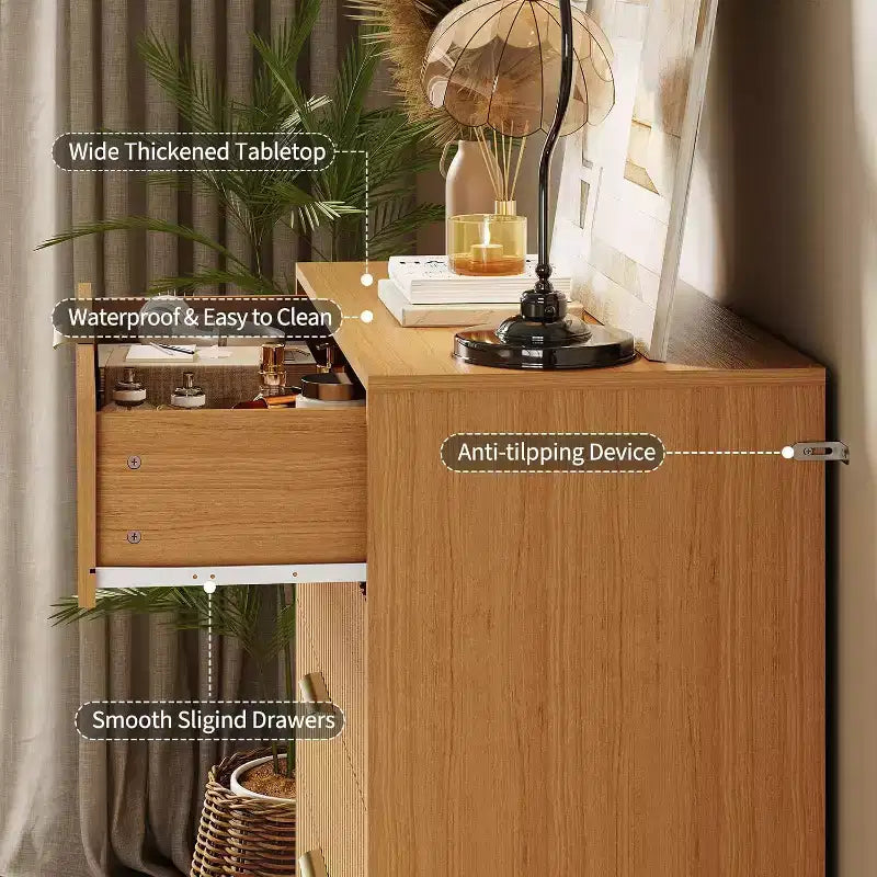 Commode cannelée pour chambre à coucher avec 5 tiroirs, commode de chambre moderne de 81 cm de large en bois avec poignée en métal, organisateur de rangement pour vêtements, meuble TV