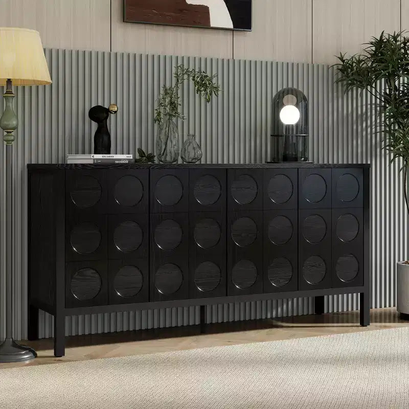 Buffet de salle à manger avec rangement, meuble de bar à café en bois, armoire de rangement console avec 4 portes à motif circulaire géométrique, buffet noir