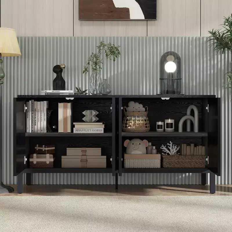 Buffet de salle à manger avec rangement, meuble de bar à café en bois, armoire de rangement console avec 4 portes à motif circulaire géométrique, buffet noir