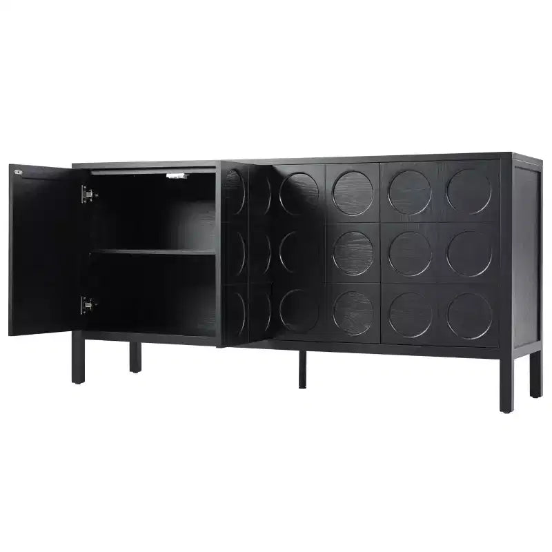 Buffet de salle à manger avec rangement, meuble de bar à café en bois, armoire de rangement console avec 4 portes à motif circulaire géométrique, buffet noir