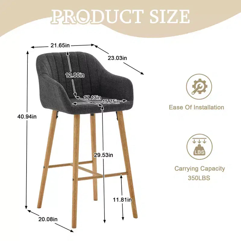Tabourets de bar Zeus & Ruta en lin moderne rembourrés, lot de 2 avec dossier, accoudoirs et pieds en bois, hauteur îlot de cuisine