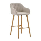 Tabourets de bar Zeus & Ruta en lin moderne rembourrés, lot de 2 avec dossier, accoudoirs et pieds en bois, hauteur îlot de cuisine