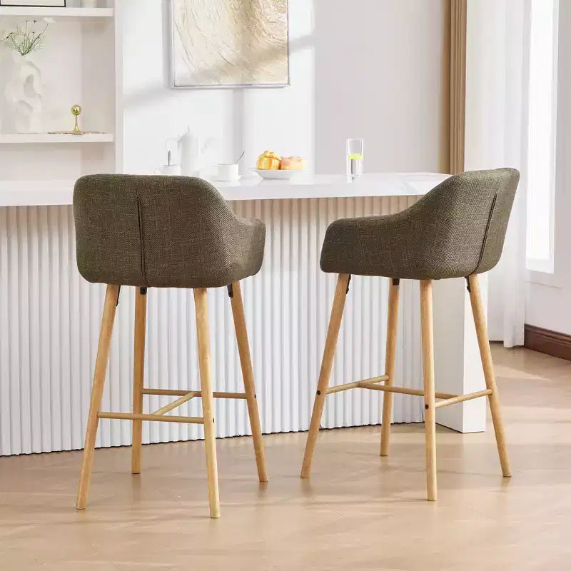 Tabourets de bar Zeus & Ruta en lin moderne rembourrés, lot de 2 avec dossier, accoudoirs et pieds en bois, hauteur îlot de cuisine