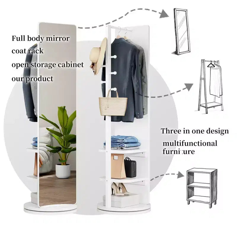 Miroir pleine longueur multifonctionnel 360 rotatif 66x14 avec patère et porte-manteau, miroir en bois massif pour chambre et salon